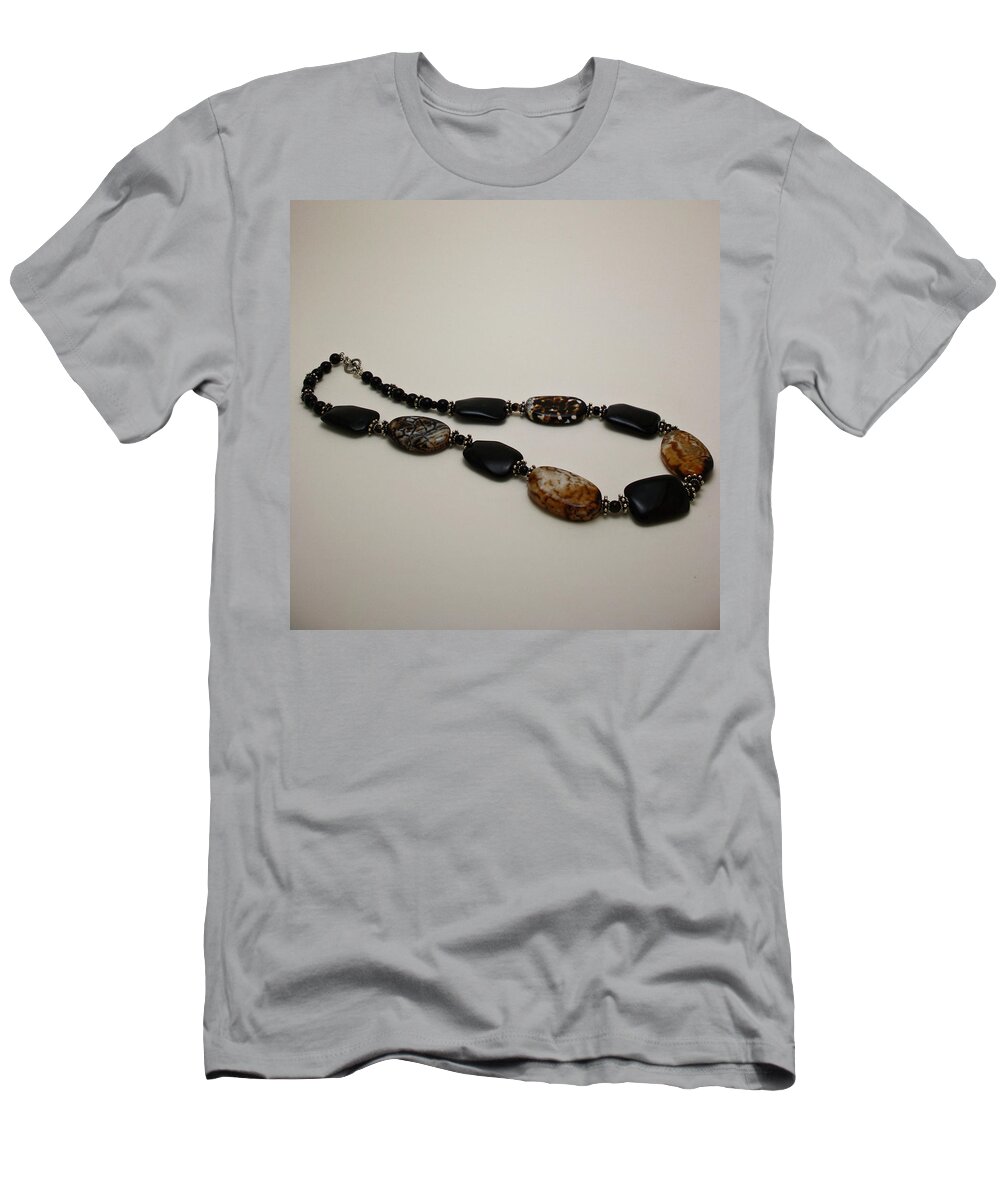 Original Handmade Jewelry T-Shirt featuring the jewelry 3617 Crackle Agate and Onyx Necklace by Teresa Mucha