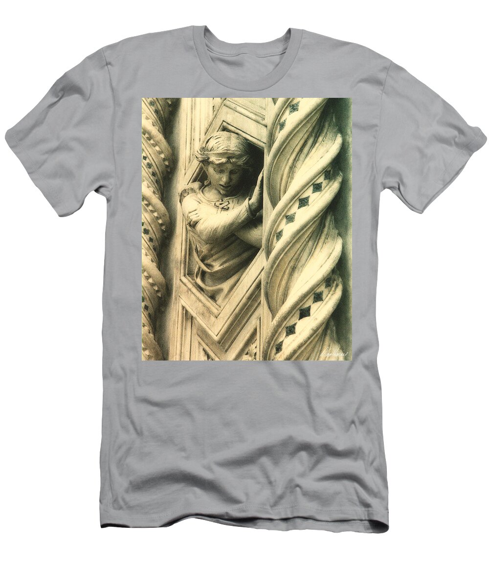 This Angel Graces The Outer Wall Of Basilica Di Santa Maria Del Fiore In Florence Italy. T-Shirt featuring the photograph Angel of the Basilica by Diana Haronis