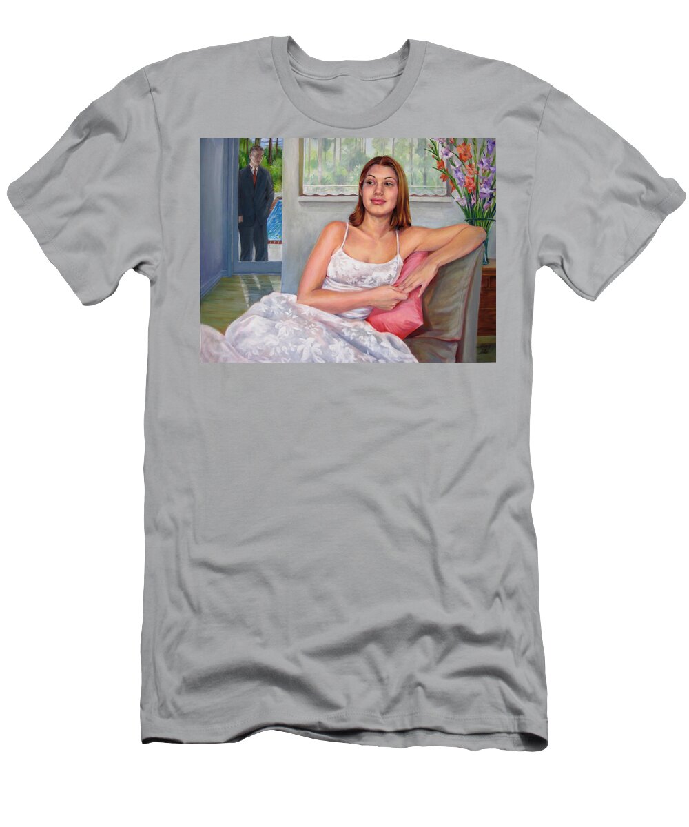  T-Shirt featuring the painting Anticipation - Jasmin contemplates the Prom by Nancy Tilles
