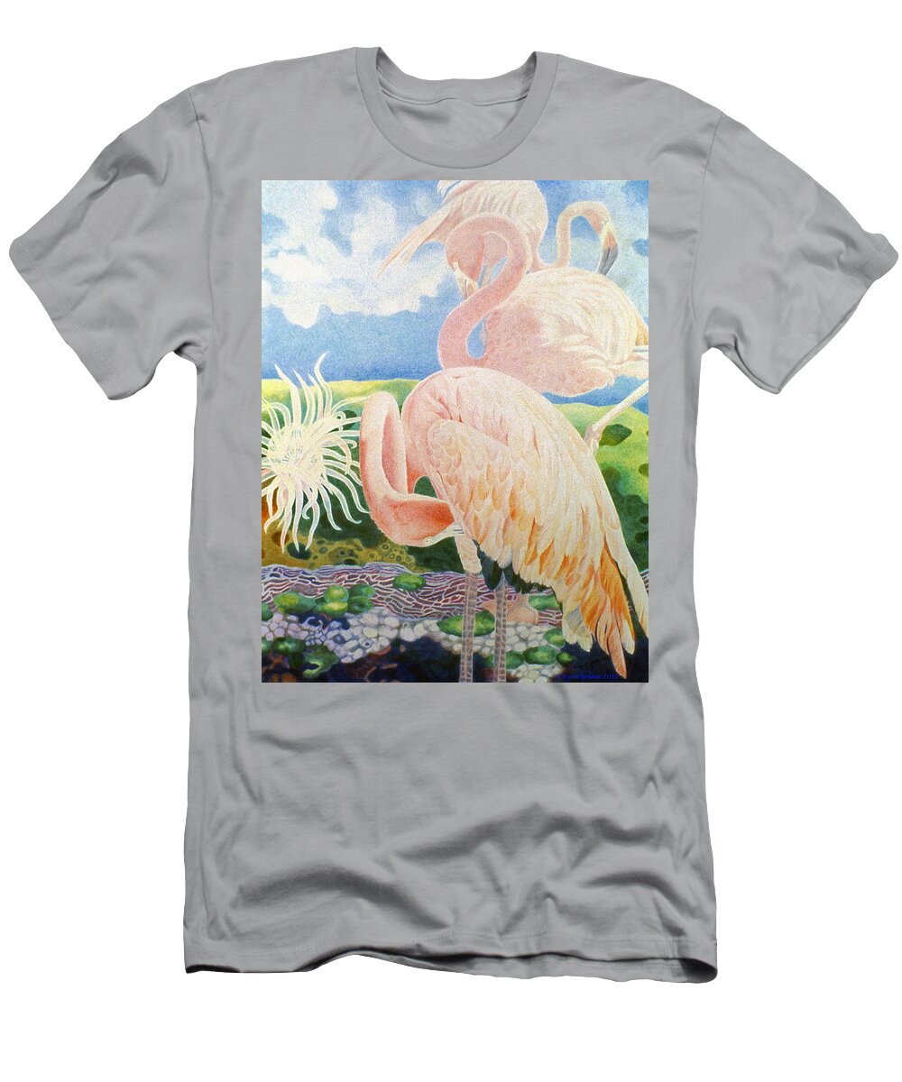 Pink Flamingos Are Surrounded By Surreal Landscape Of Anemone And Corals T-Shirt featuring the drawing Astarte's Paradise III by Kyra Belan