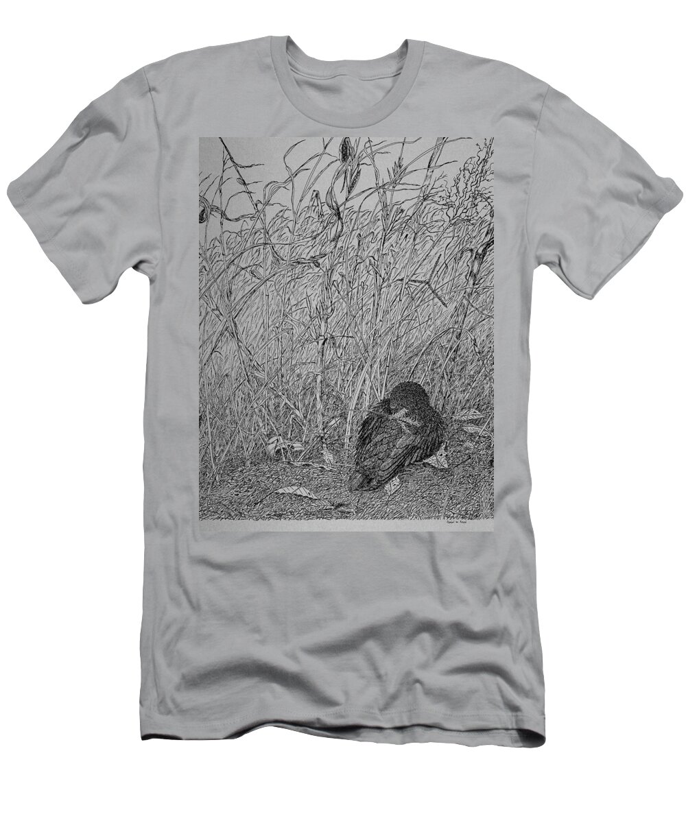 Pin And Ink T-Shirt featuring the drawing Bird In Winter by Daniel Reed