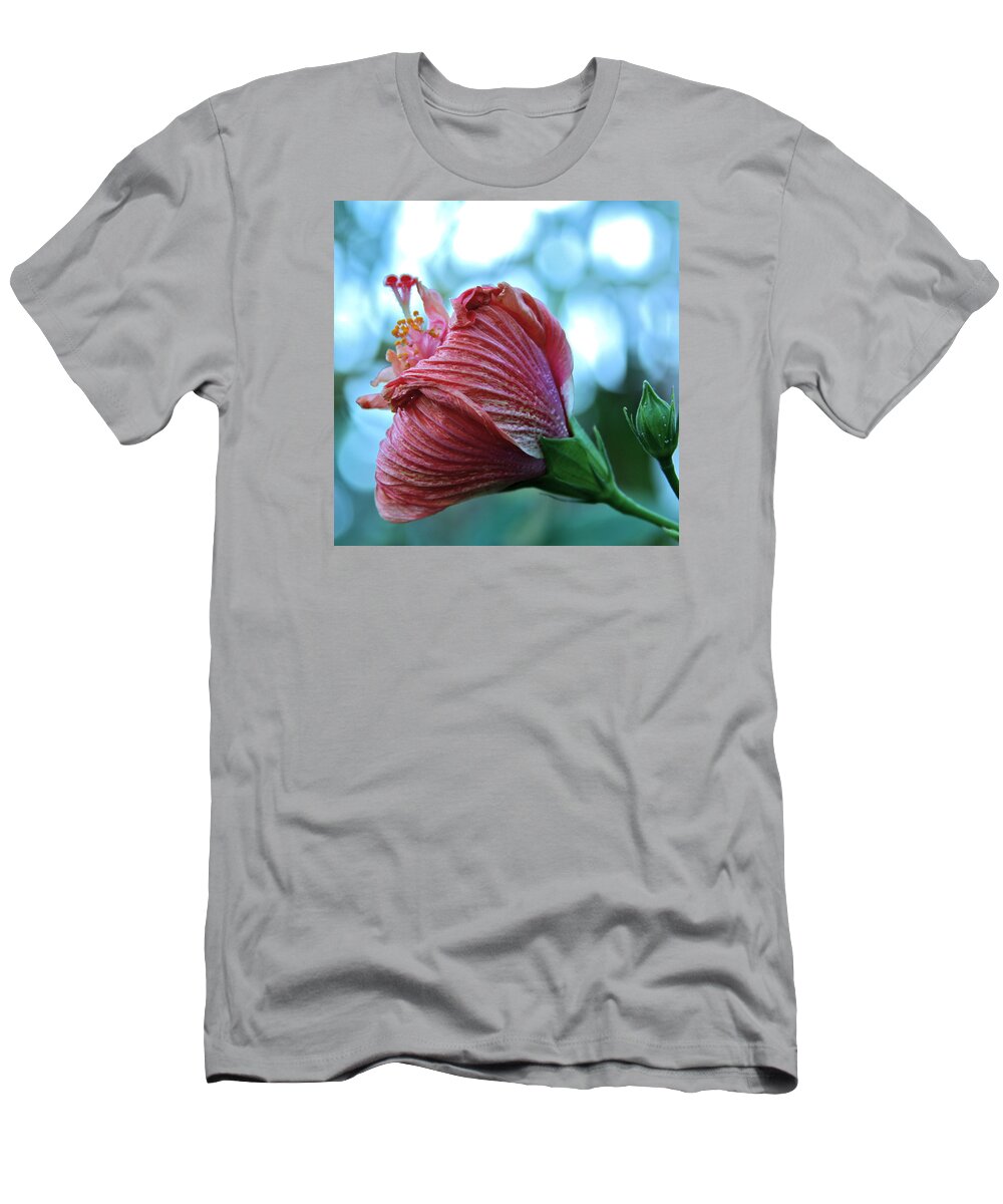 Floral T-Shirt featuring the photograph Blossoming Pink Hibiscus Flower by Karon Melillo DeVega