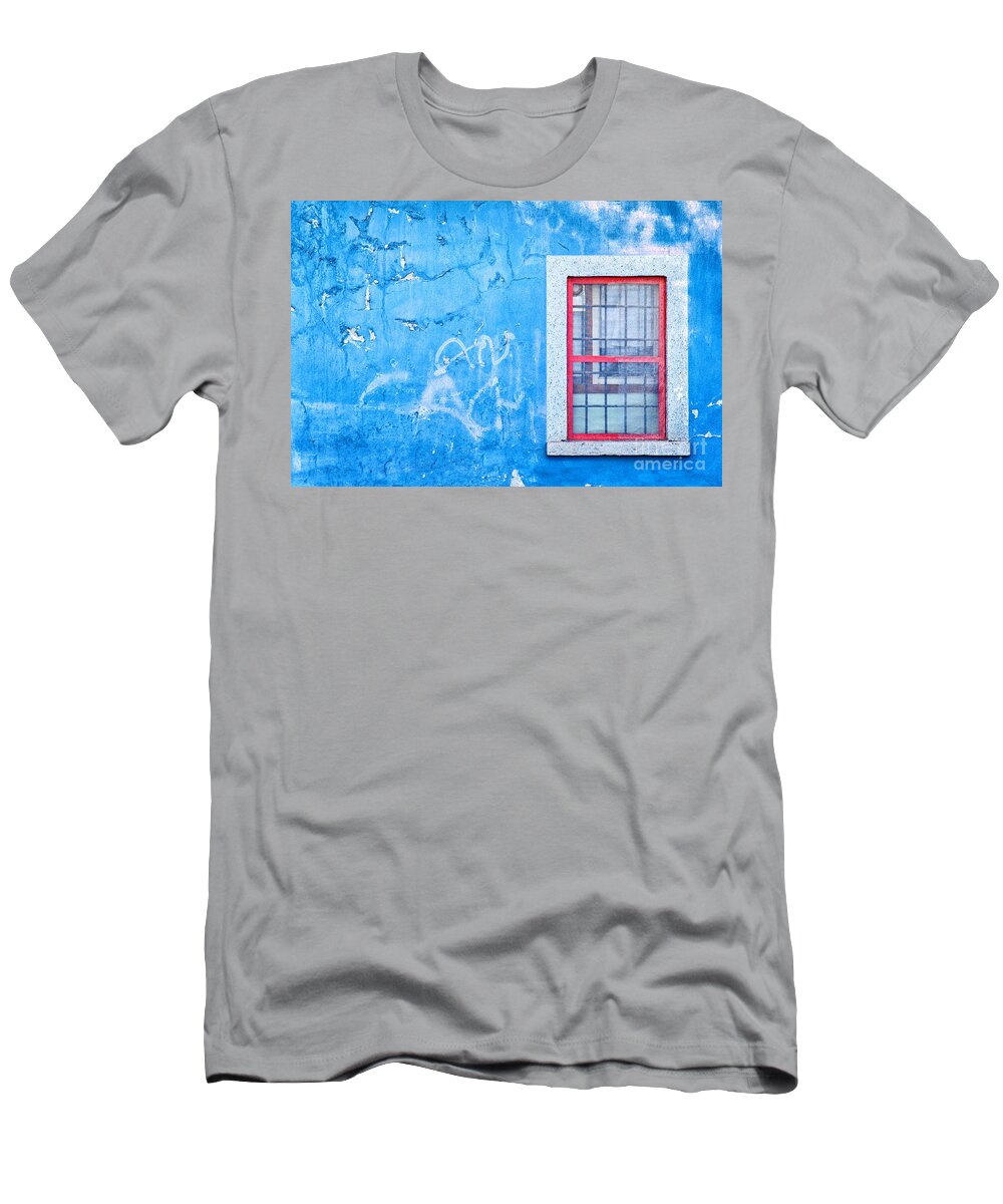 Wall T-Shirt featuring the photograph Blue wall and window with red frame by Silvia Ganora