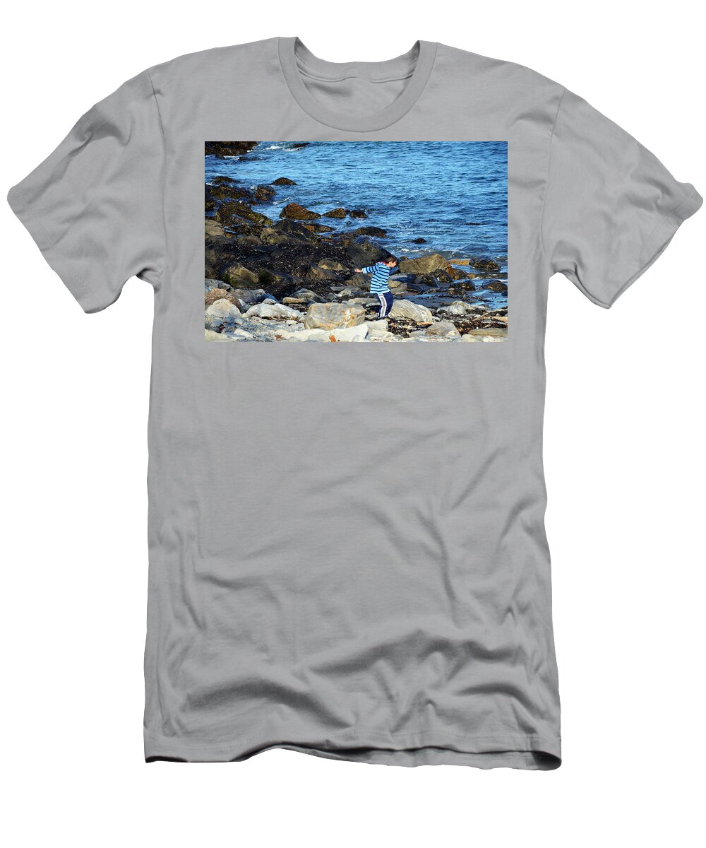 Boy T-Shirt featuring the photograph Boy Throwing a Stone Maine Coast by Maureen E Ritter
