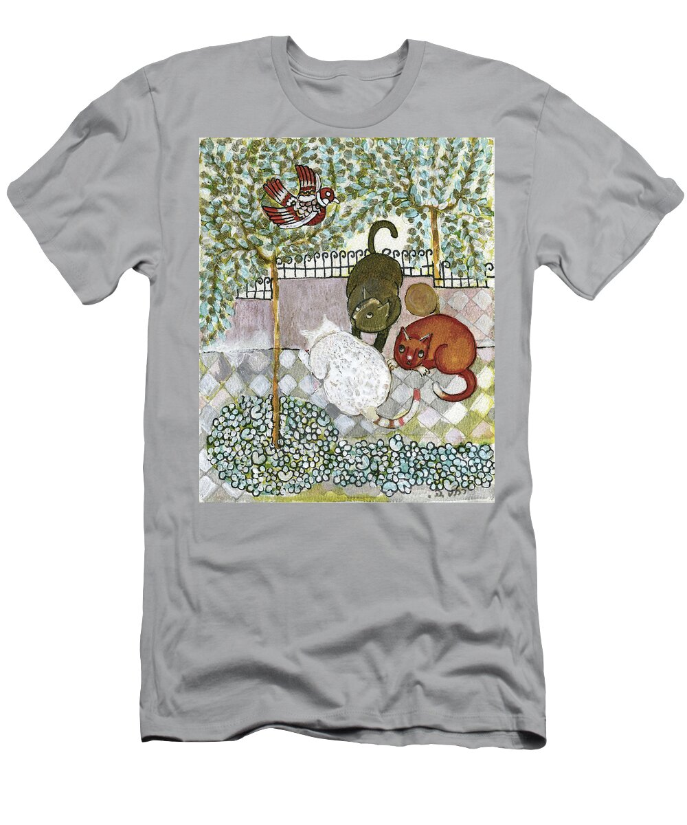 Alley T-Shirt featuring the painting Brown and white alley cats consider catching a bird in the green garden by Rachel Hershkovitz