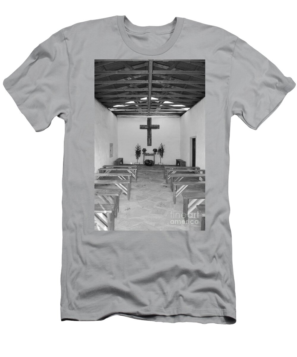 Travelpixpro West Texas T-Shirt featuring the photograph Calera Mission Chapel Interior in West Texas Black and White by Shawn O'Brien
