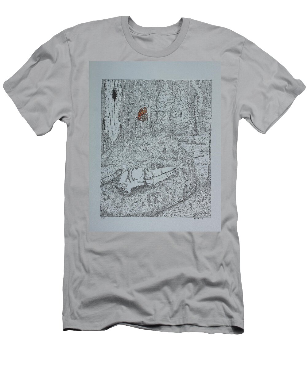 Nature T-Shirt featuring the drawing Canine Skull And Butterfly by Daniel Reed
