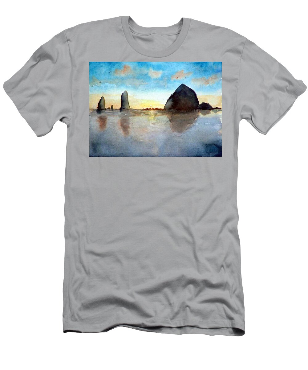 Watercolor T-Shirt featuring the painting Cannon Beach Sunset by Chriss Pagani