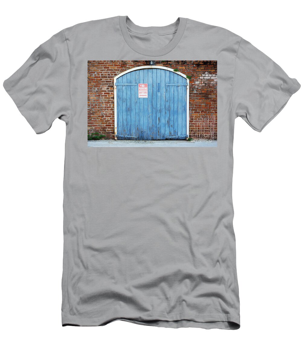 Travelpixpro New Orleans T-Shirt featuring the photograph Colorful Blue Garage Door French Quarter New Orleans by Shawn O'Brien