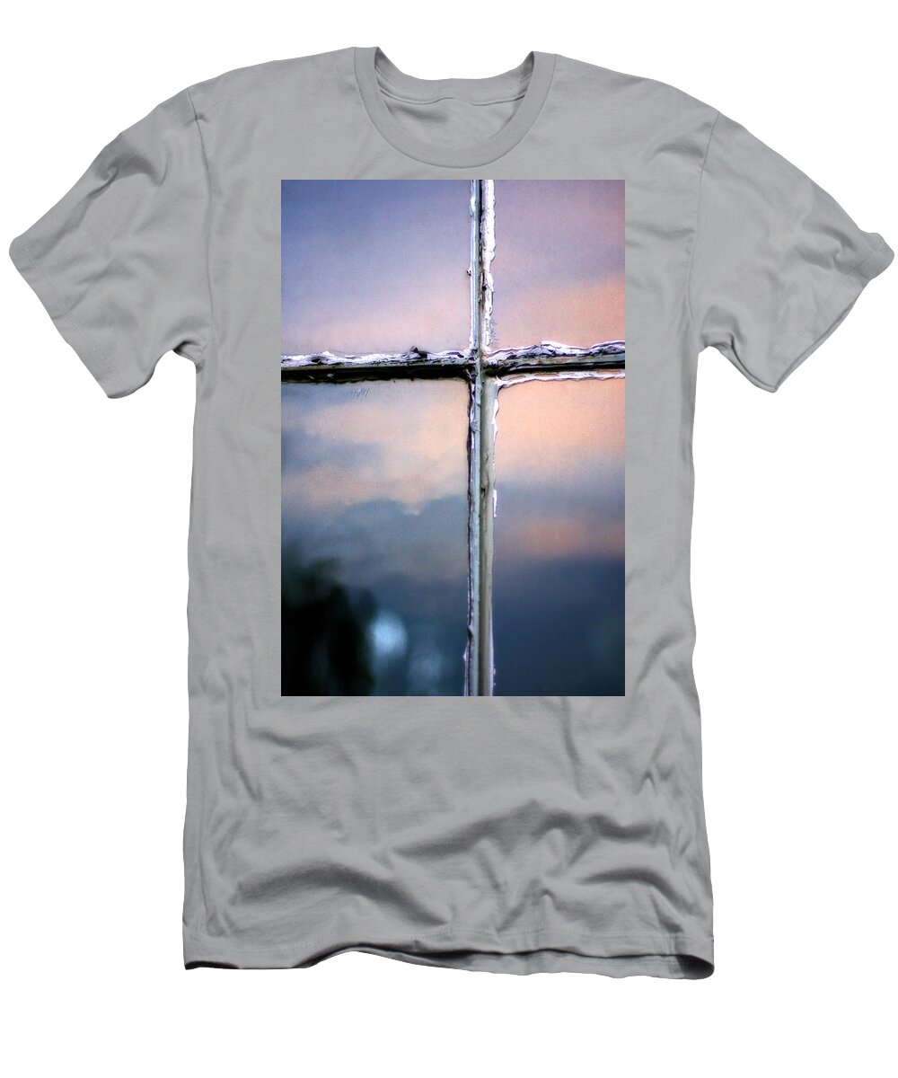 Blue T-Shirt featuring the photograph Empty Cross on the Window of an Old Church by Angela Rath