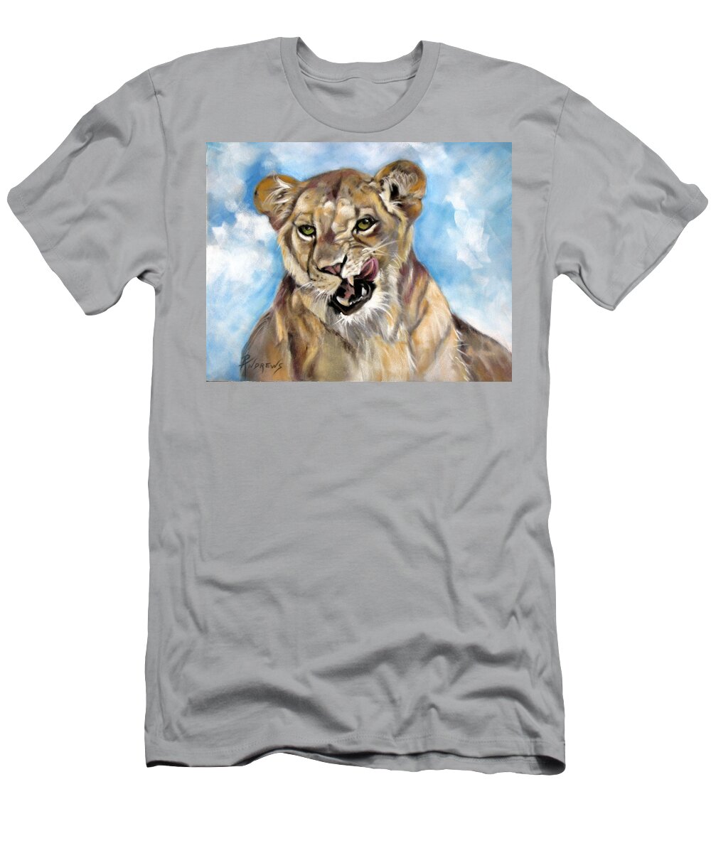 Lioness T-Shirt featuring the painting Finger Lickin Good by Rae Andrews