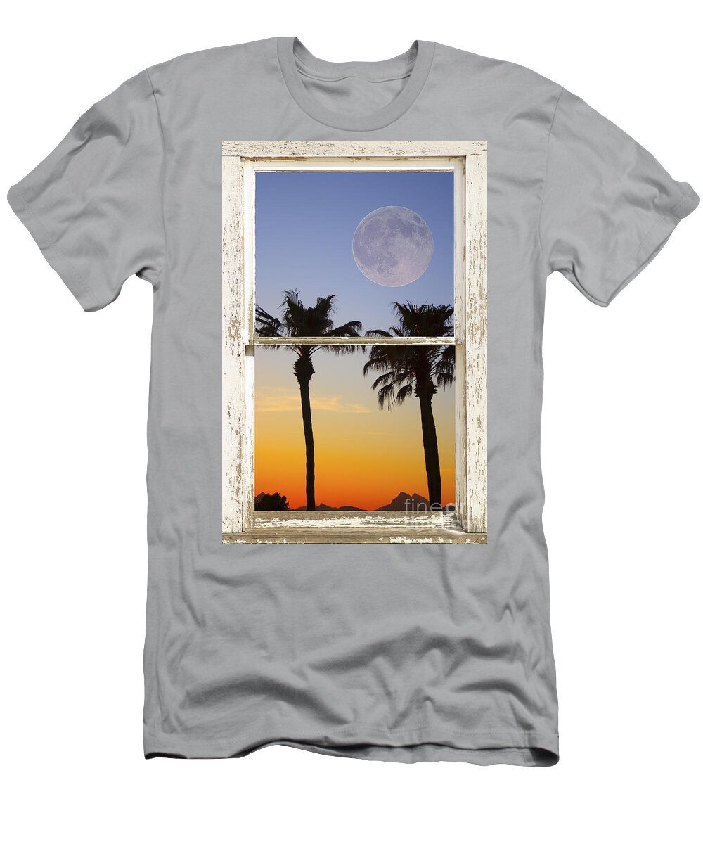 Windows T-Shirt featuring the photograph Full Moon Palm Tree Picture Window Sunset by James BO Insogna