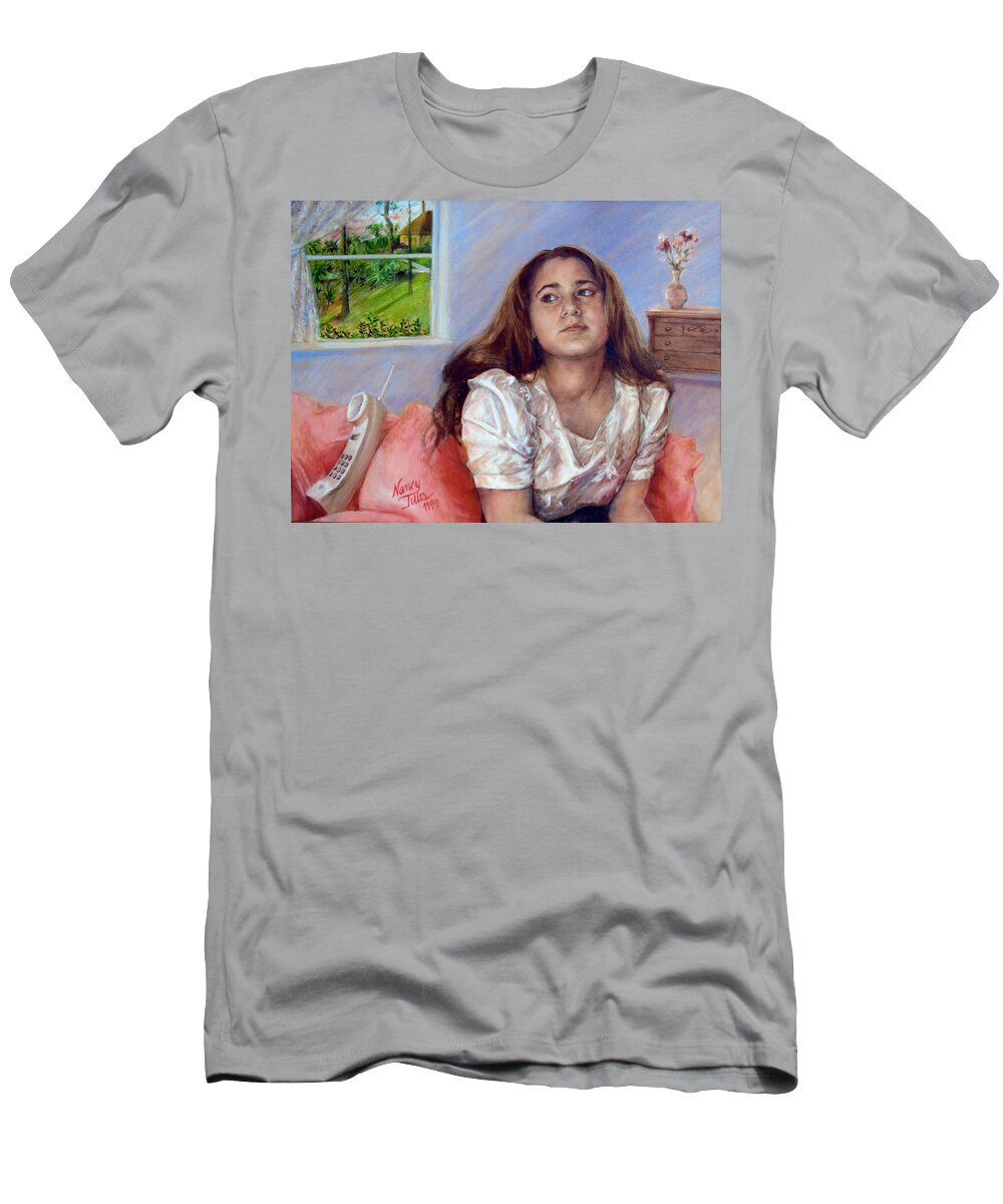  T-Shirt featuring the painting Jeannie waiting for a call by Nancy Tilles
