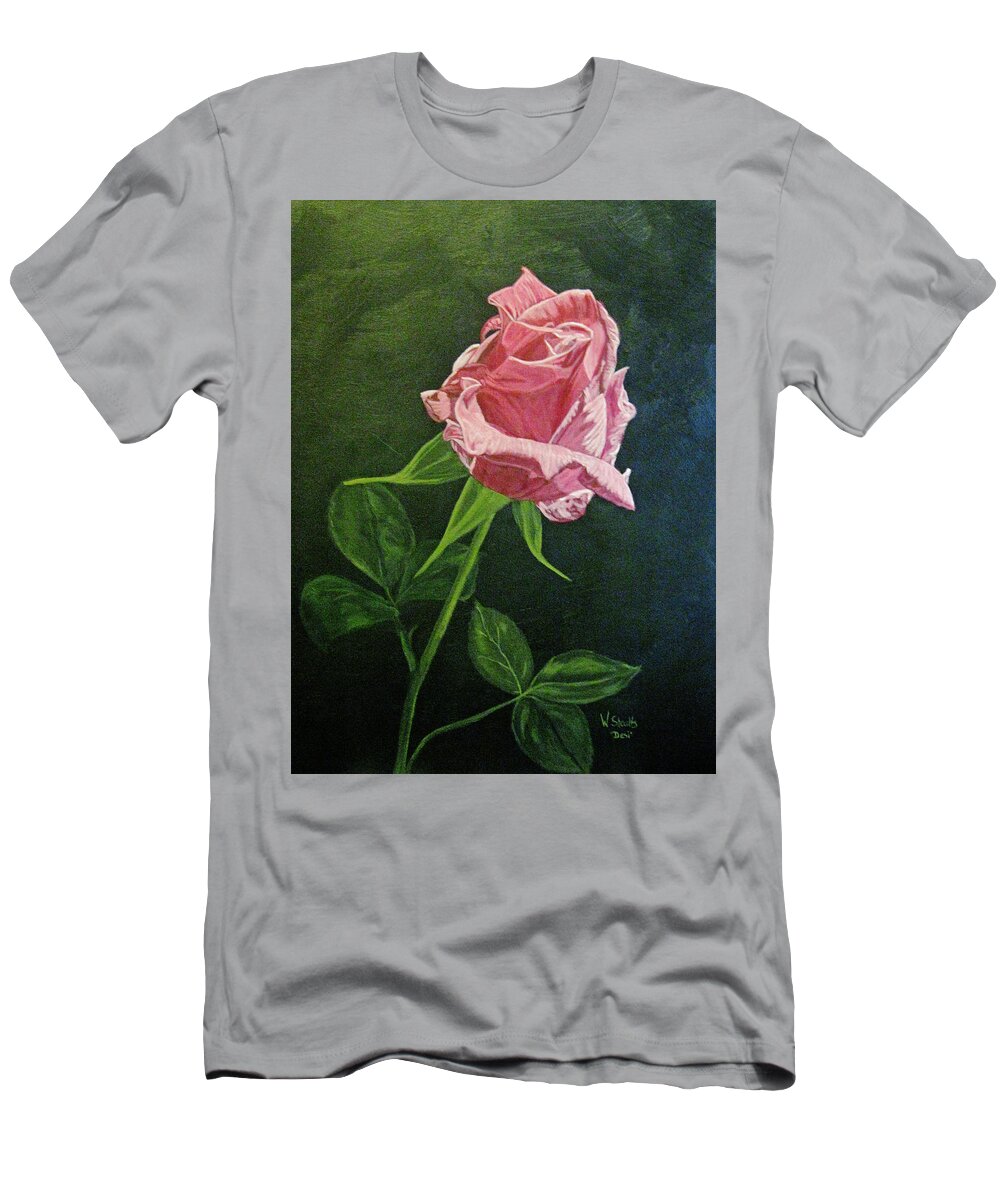 Pink Rose T-Shirt featuring the painting Kiss of the Morning Sun 2 by Wendy Shoults