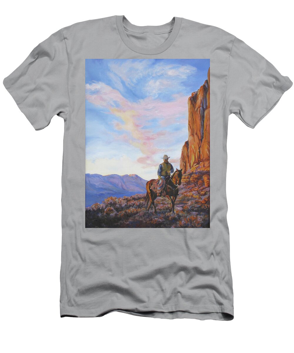 Rider T-Shirt featuring the painting Last Light With a Mile to Go by Page Holland