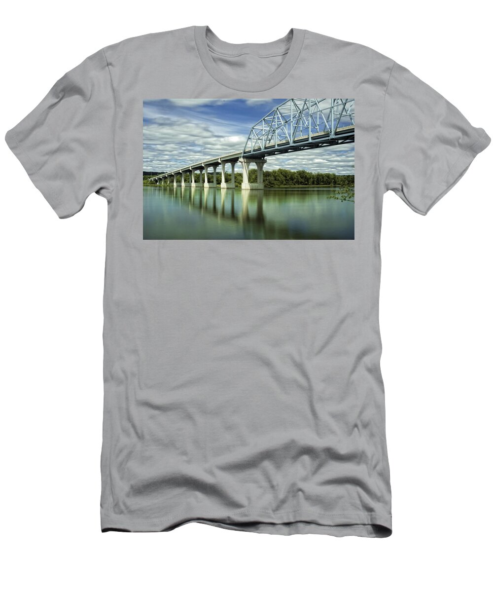 River Landscape Water Sky Trees Bridge Wabasha Minnesota Calm Peaceful Clouds T-Shirt featuring the photograph Mississippi River at Wabasha Minnesota by Tom Gort