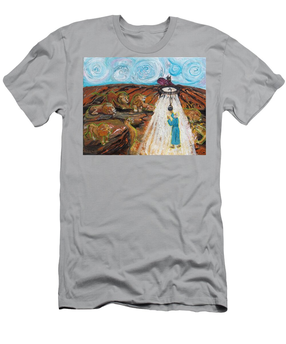 Prophetic T-Shirt featuring the painting Prophetic Message Sketch 15 Daniel the Lion's Den and the Whirlwind by Anne Cameron Cutri