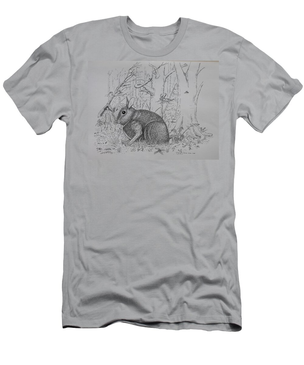 Nature T-Shirt featuring the drawing Rabbit In Woodland by Daniel Reed