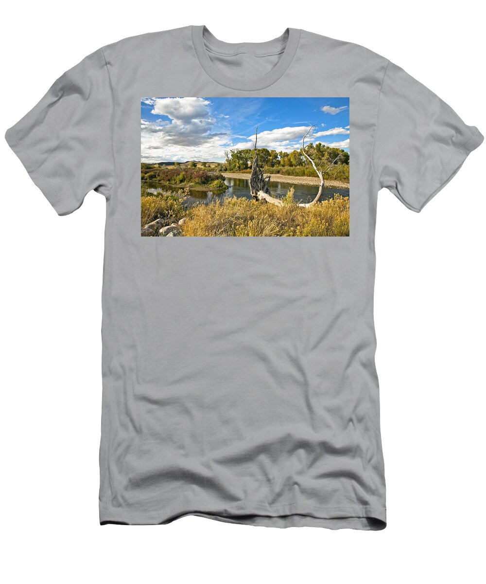 Mixed Media. Mixed Media Photography. Mixed Media River Photography. Mixed Media Tree Photography. Mixed Media Landscape Photography. Landscapes. River. Lakes. Tree Roots. Fine Art Note Cards. River Note Cards. Fallen Trees. Fallen Tree Photography. Blue Skys. Cloud Photography. Fall Photography. Fall Colors. T-Shirt featuring the photograph River At Hudson Wy. by James Steele
