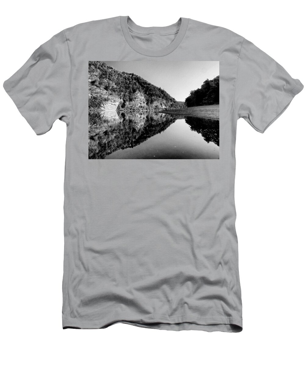 River T-Shirt featuring the photograph Round the Bend Buffalo River in Black and White by Joshua House
