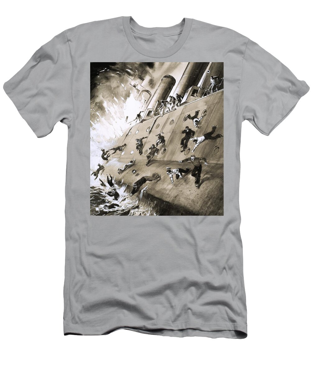 Hms Natal; Fire; Disaster; Accident; Cromerty Firth; Sailors; Escape; Panic; Ocean; Sea; Boat; Ship T-Shirt featuring the painting Sailors Escaping HMS Natal which Caught Fire in Cromerty Firth in 1915 by English School