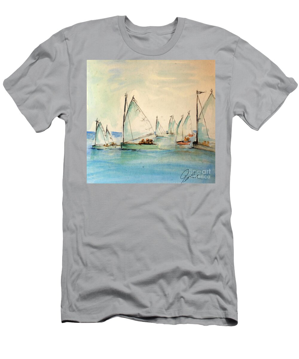 Paintings T-Shirt featuring the painting Sailors in a runabout by Julie Lueders 