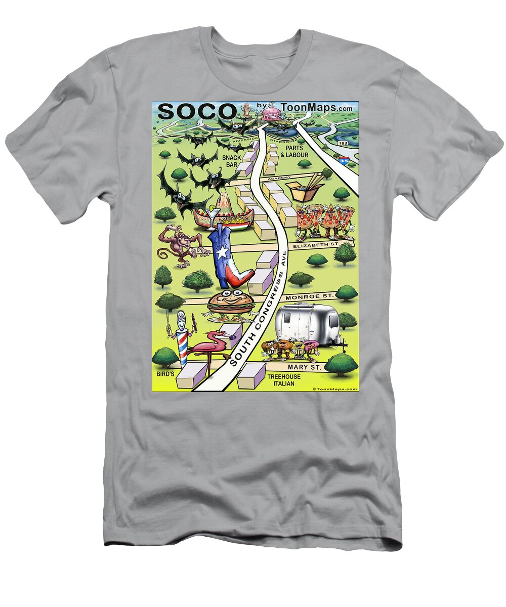 Soco T-Shirt featuring the painting SOCO South Congress Ave ATX Cartoon Map by Kevin Middleton