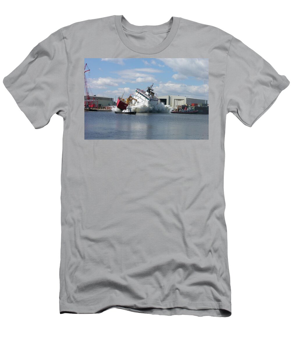 Mackinaw T-Shirt featuring the photograph Splash launch of the Coast Guard Cutter Mackinaw by Keith Stokes