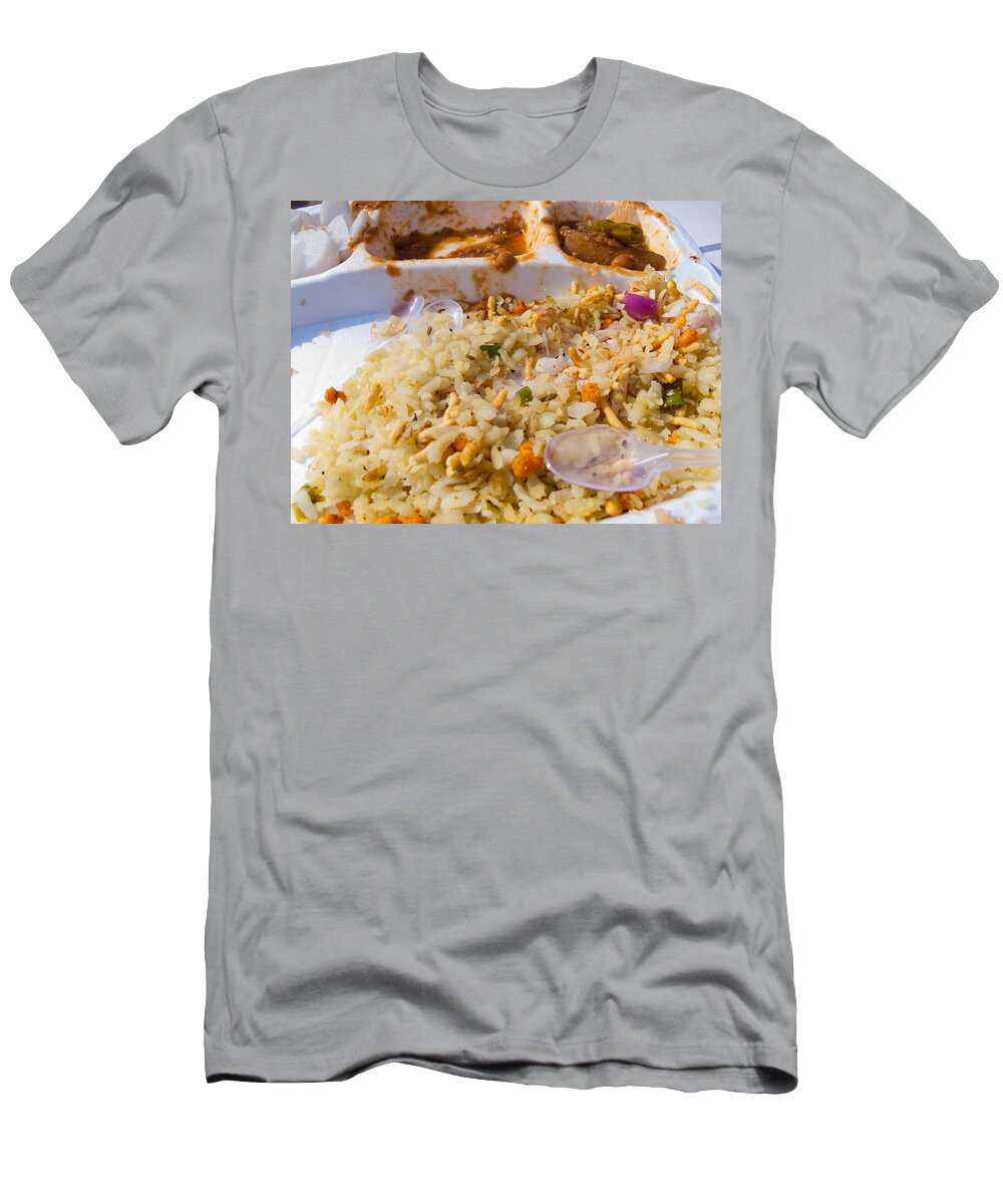 Food T-Shirt featuring the photograph Spoon and salad and a plastic plate in an Indian dish of Poha by Ashish Agarwal