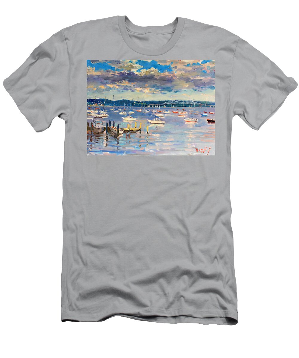 Hudson River T-Shirt featuring the painting Sun and Clouds in Hudson by Ylli Haruni