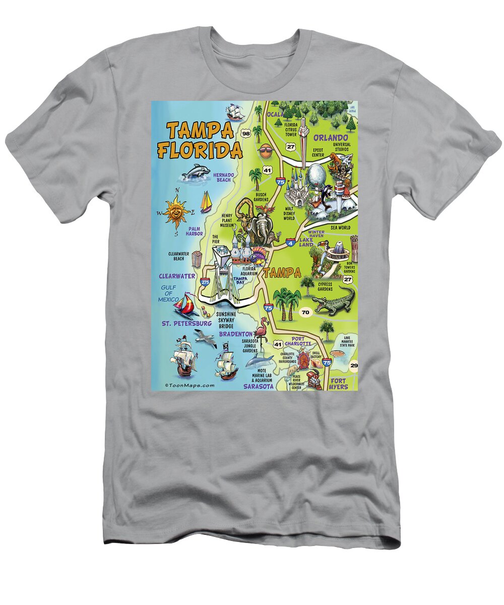 Tampa T-Shirt featuring the painting Tampa Florida Cartoon Map by Kevin Middleton