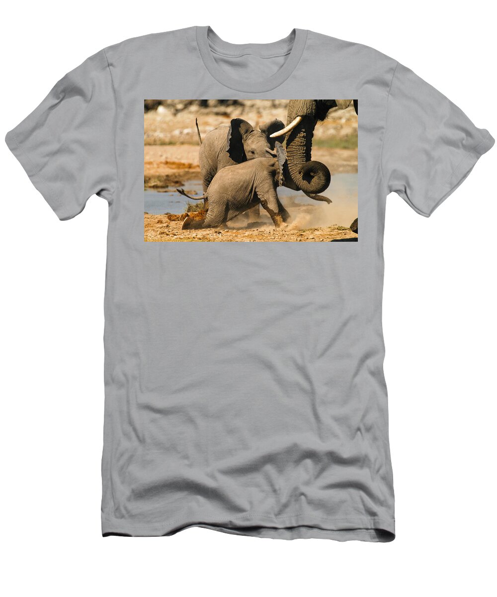 A Baby Elephants Play T-Shirt featuring the photograph Tough play 2 by Alistair Lyne