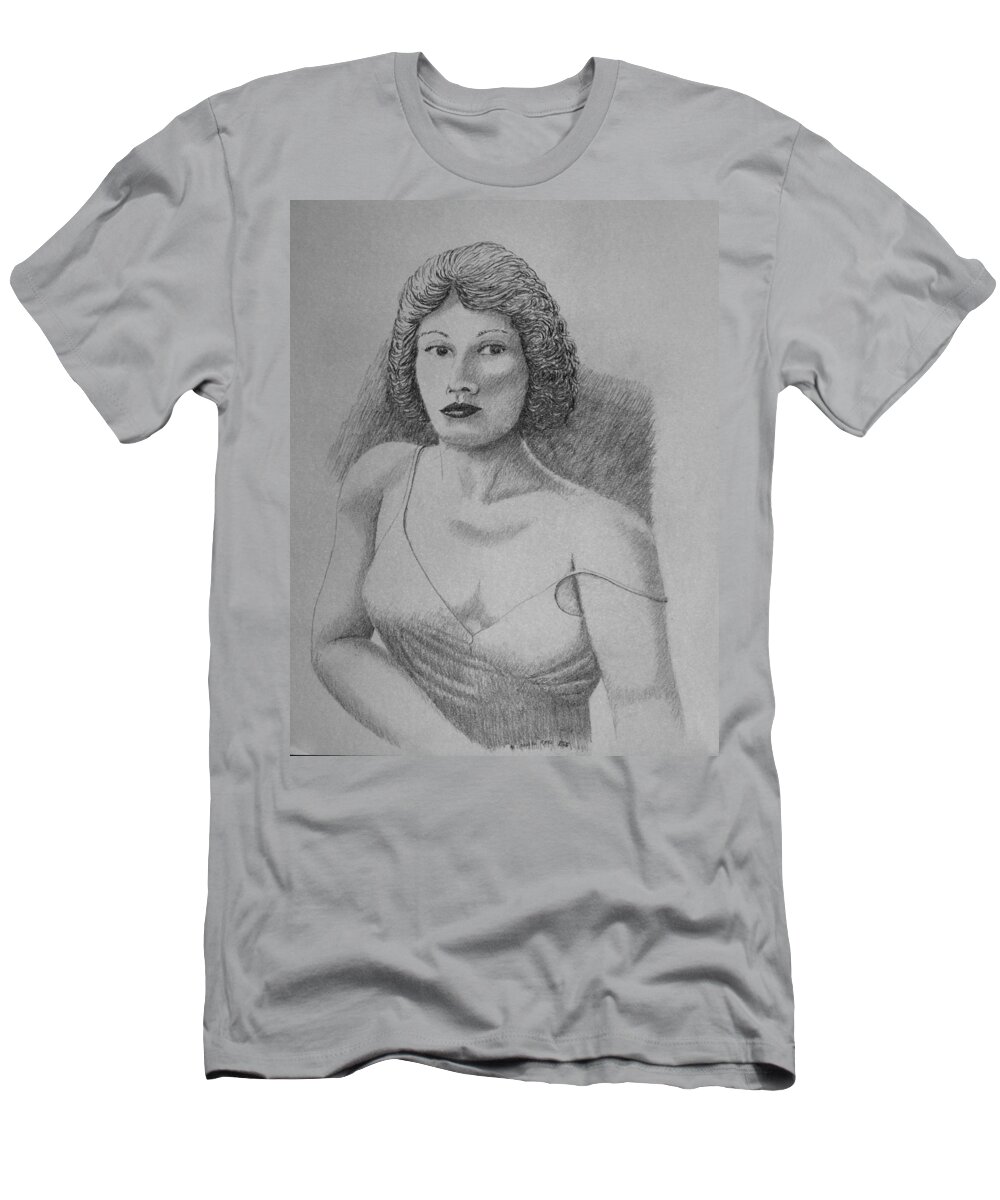 Portrait T-Shirt featuring the drawing Woman With Strap Off Shoulder by Daniel Reed