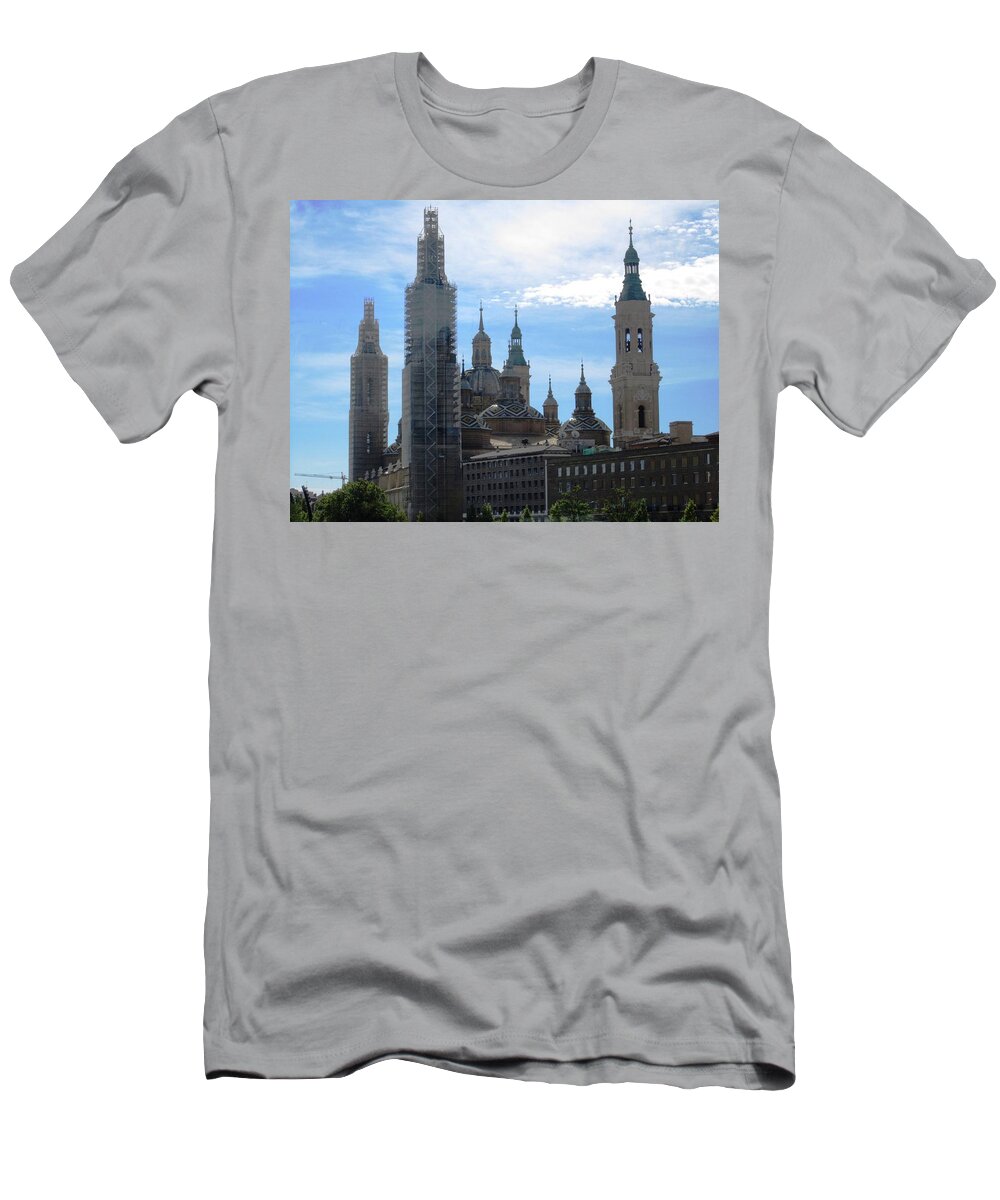 Zaragoza T-Shirt featuring the photograph Zaragoza Plaza Ancient Bell Tower and Church Renovation in Spain by John Shiron