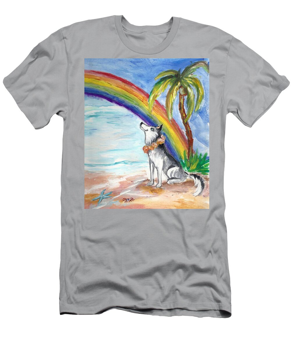 Husky T-Shirt featuring the painting A Husky in Paradise #1 by Karen Ferrand Carroll