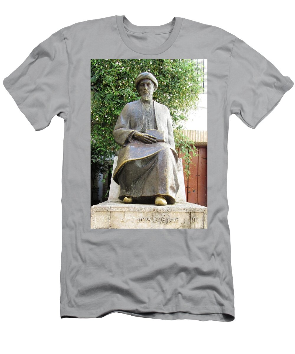 Cordoba T-Shirt featuring the photograph Cordoba Maimonides Statue or Moses ben Maimon aka Rambam Jewish Quarter XVI Spain #1 by John Shiron