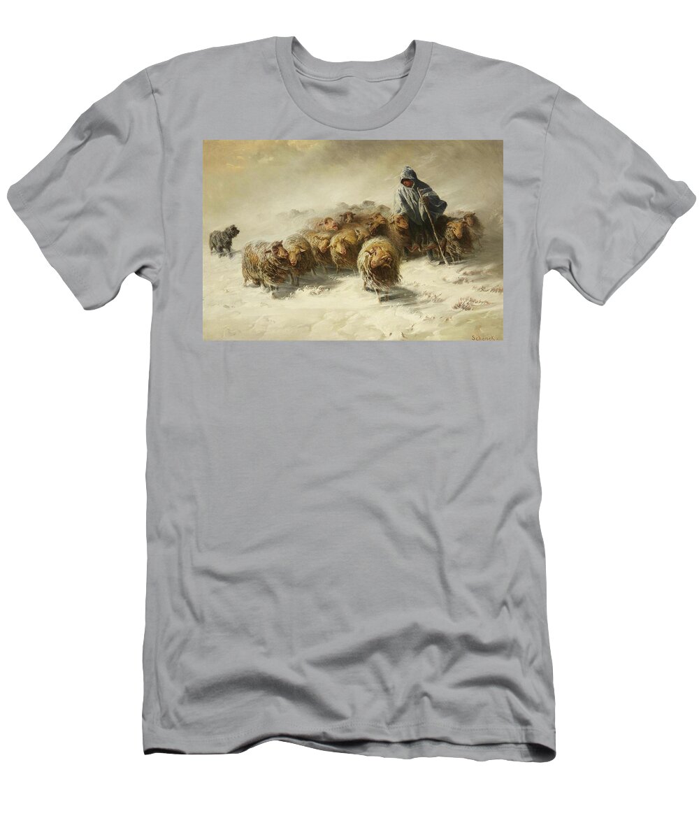 Flock Of Sheep In The Storm By August Friedrich Schenck T-Shirt featuring the painting Flock Of Sheep In The Storm #1 by August Friedrich Schenck