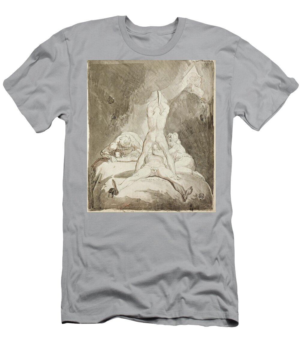 Henry Fuseli T-Shirt featuring the drawing Hephaestus Bia and Crato Securing Prometheus on Mount Caucasus #2 by Henry Fuseli