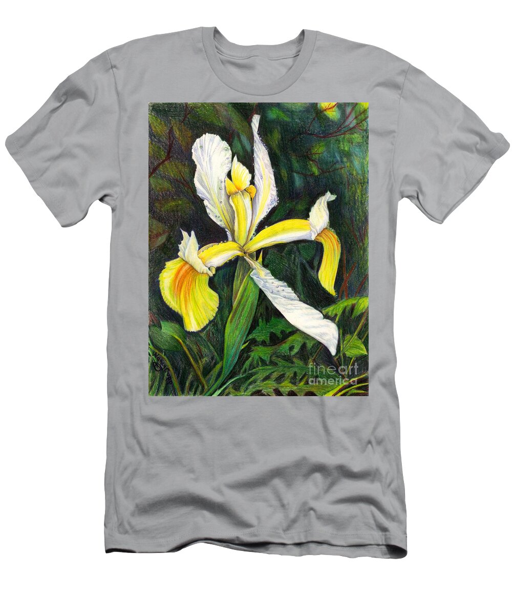 Yellow Iris T-Shirt featuring the drawing I Rise To Thee by Nancy Cupp