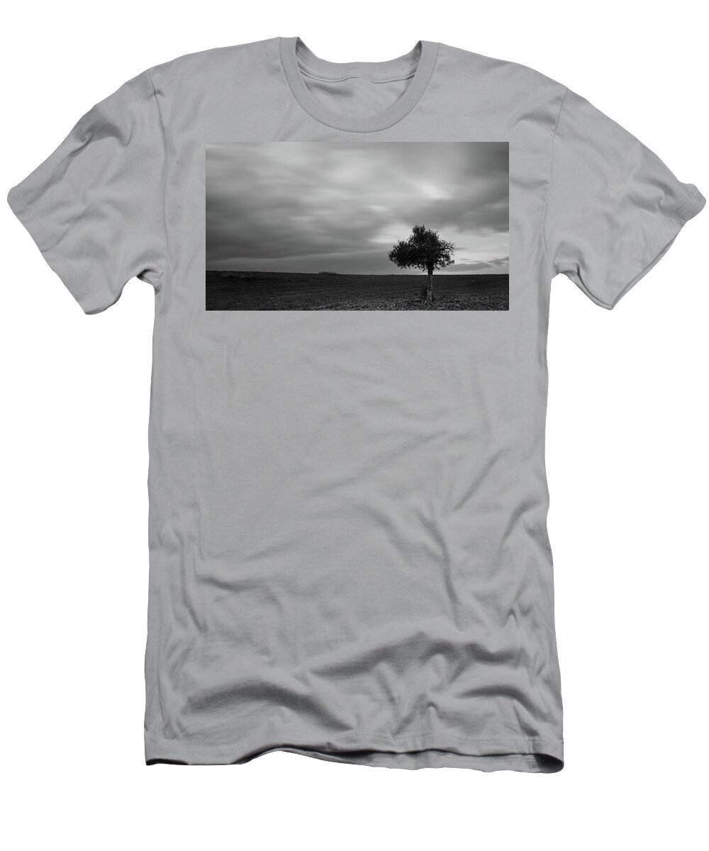 Olive Tree T-Shirt featuring the photograph Lonely Olive tree in a green field and moving clouds by Michalakis Ppalis