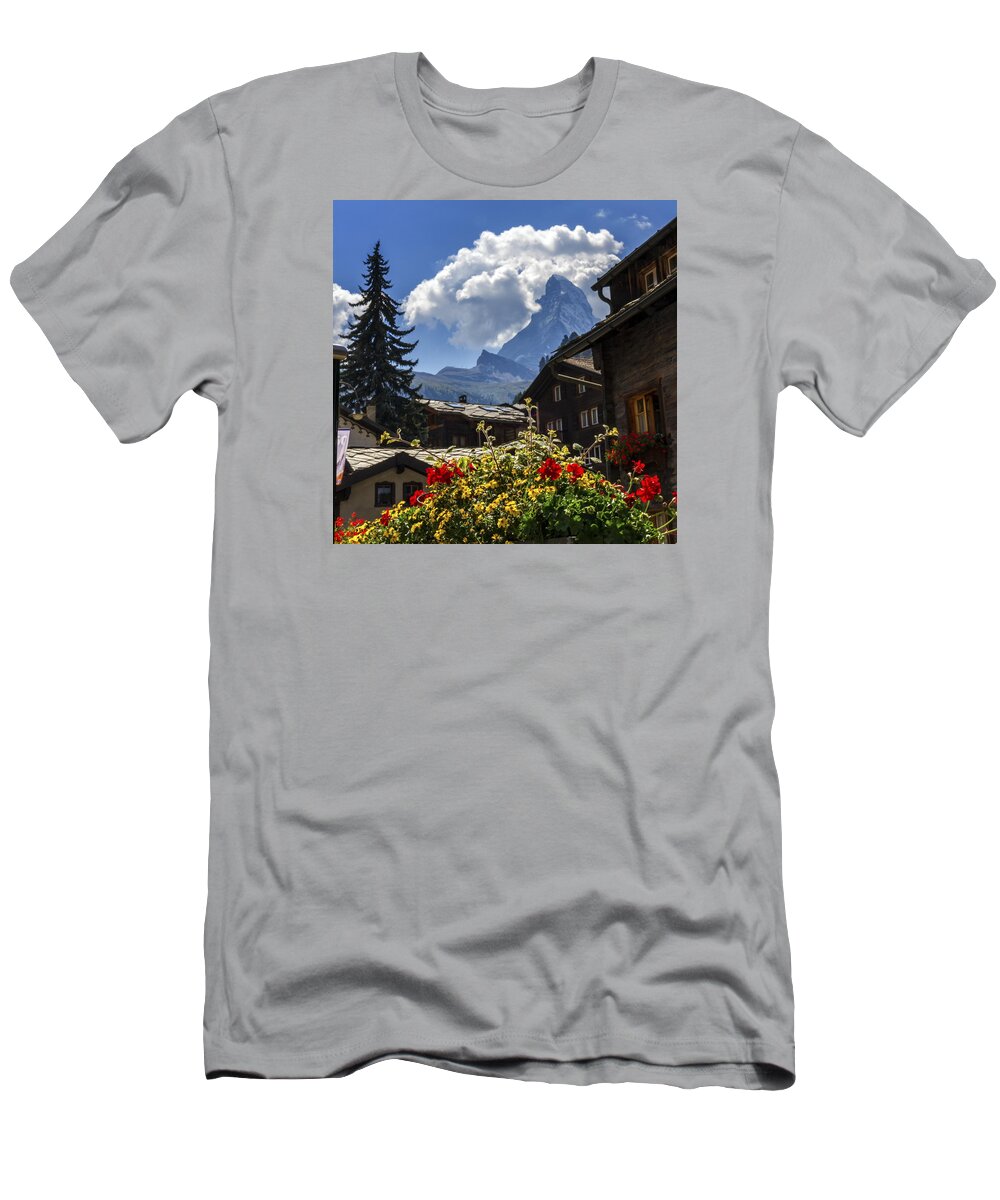 Matterhorn T-Shirt featuring the photograph Matterhorn and Zermatt village houses, Switzerland by Elenarts - Elena Duvernay photo