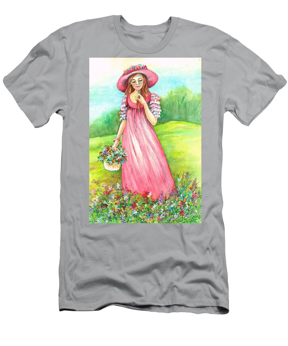 Young Lady T-Shirt featuring the painting Meadow maid #1 by Val Stokes