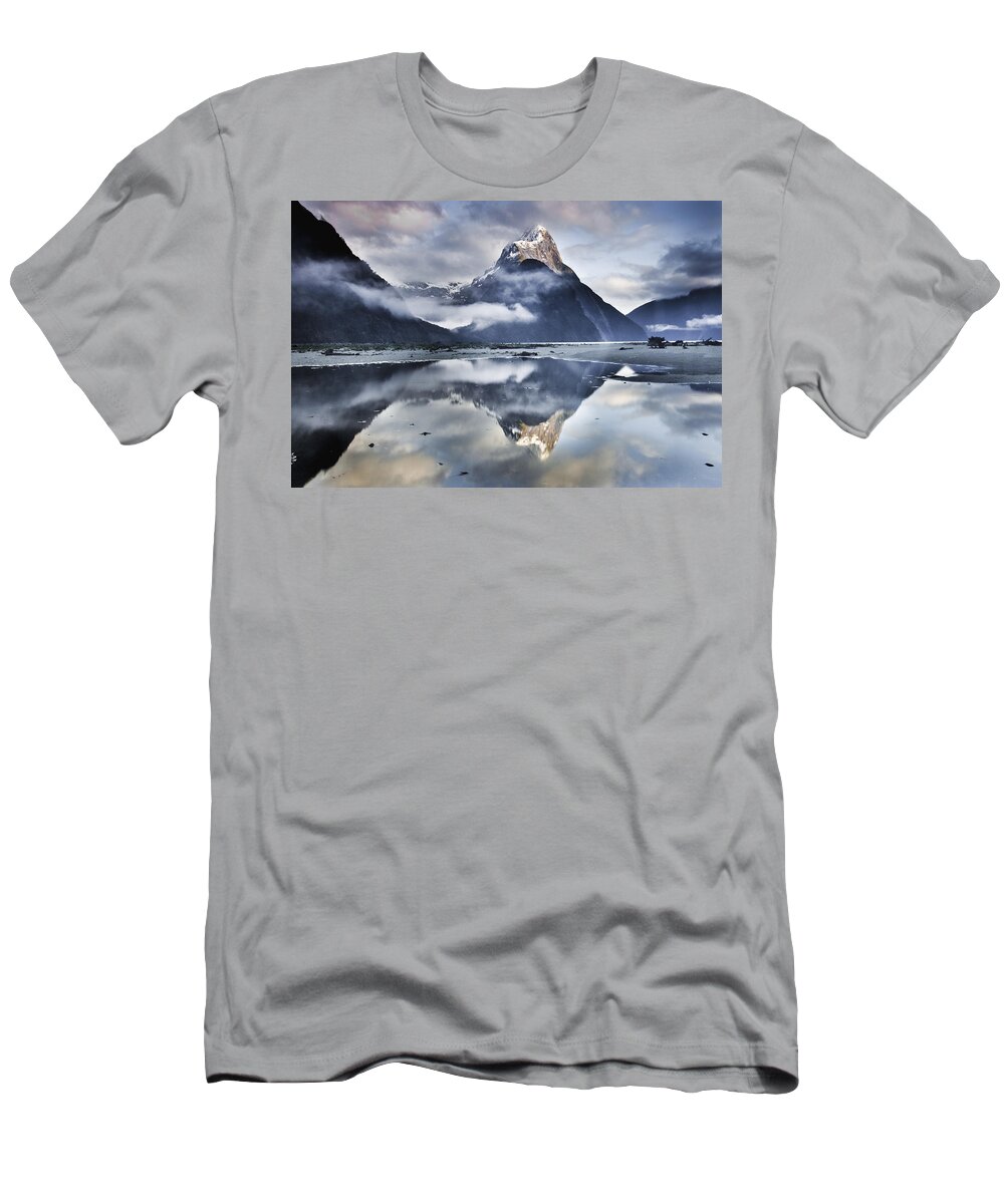 00438708 T-Shirt featuring the photograph Mitre Peak Reflecting In Milford Sound by Colin Monteath