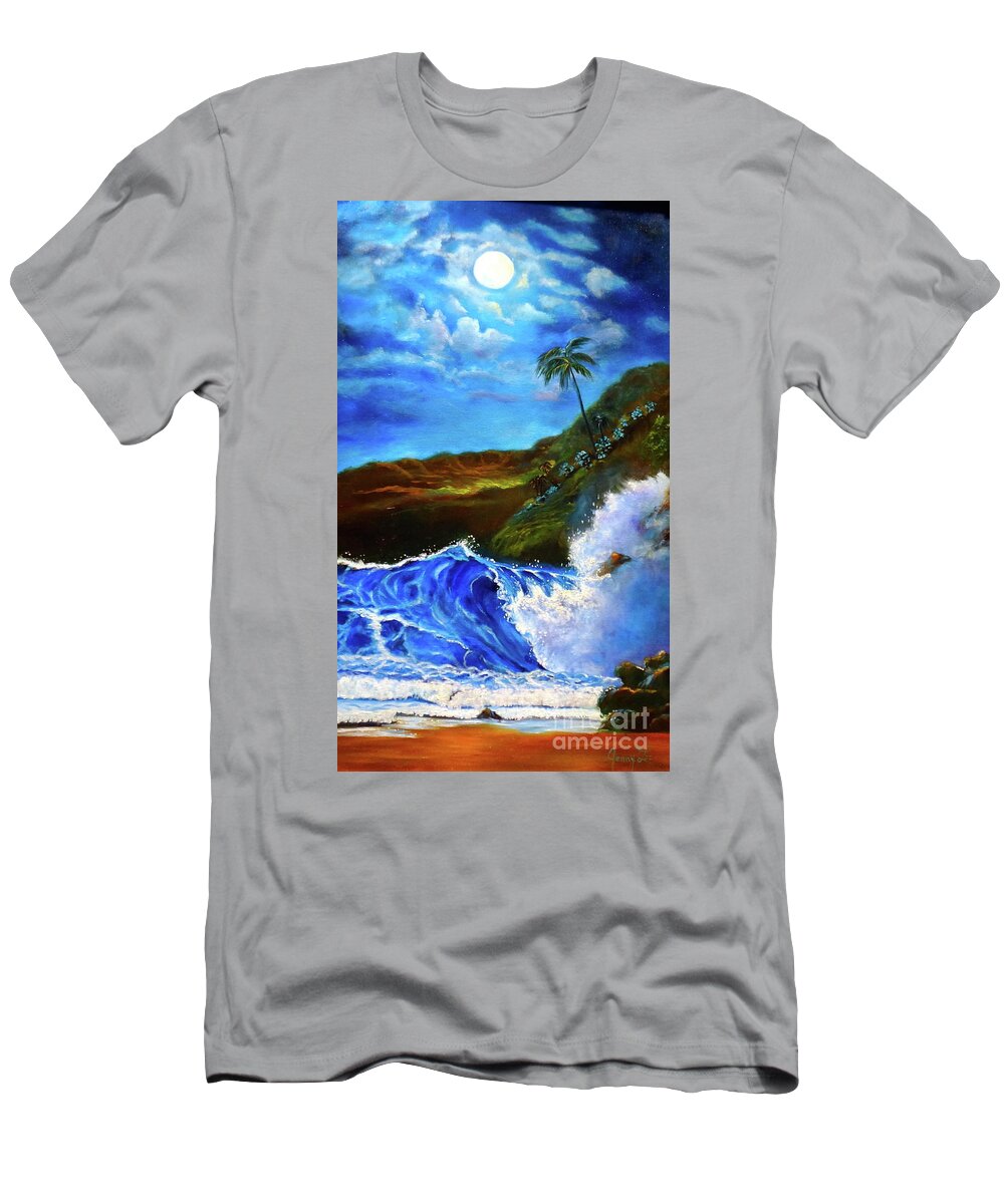 Tropical Moonlit Night T-Shirt featuring the painting Moonlit Hawaiian Night by Jenny Lee