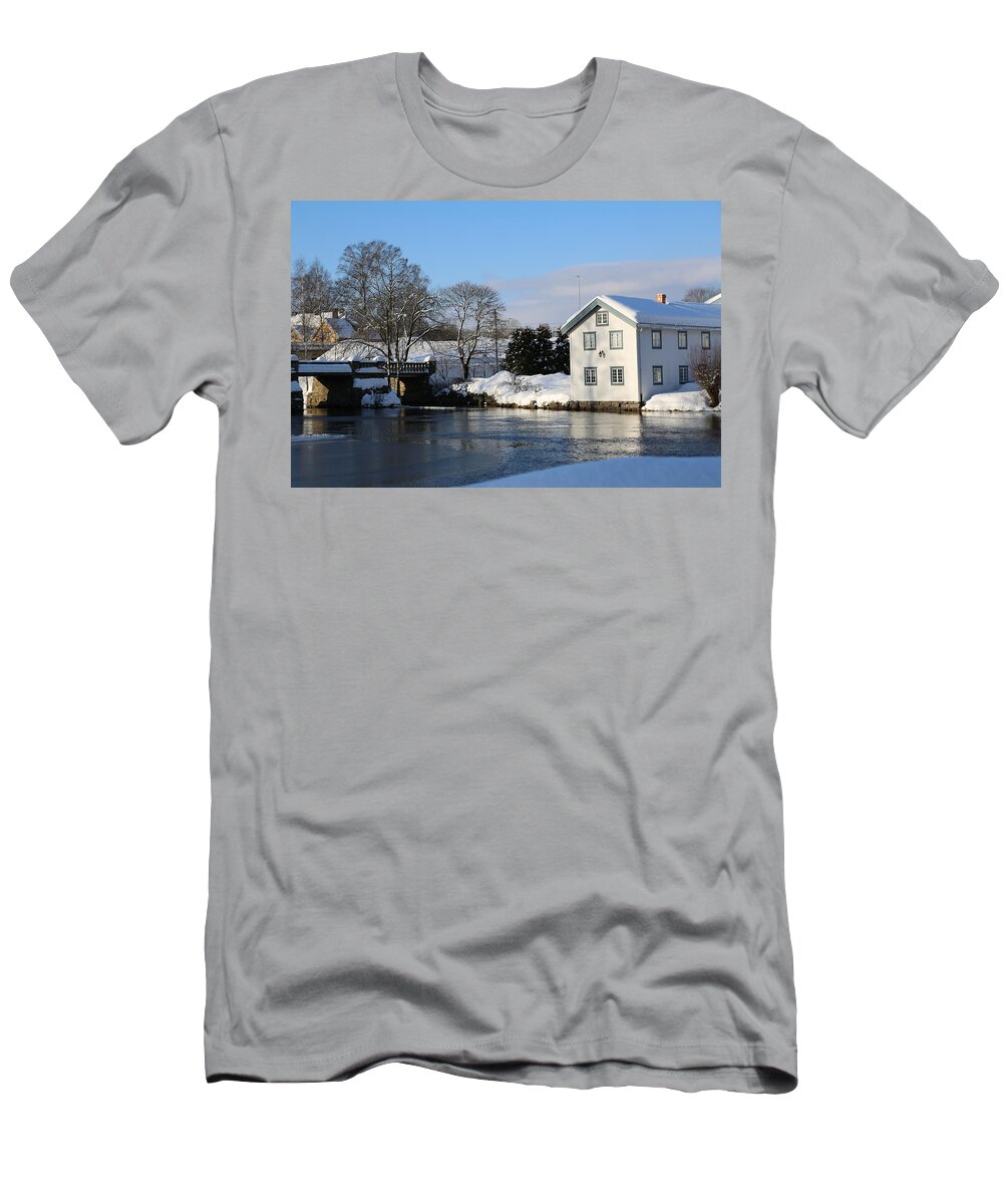 Waterfront Water Norway Scandinavia Europe Outdoors Nature Landscape Trees View Snow Countryside T-Shirt featuring the digital art Norwegian Winter landscape #2 by Jeanette Rode Dybdahl