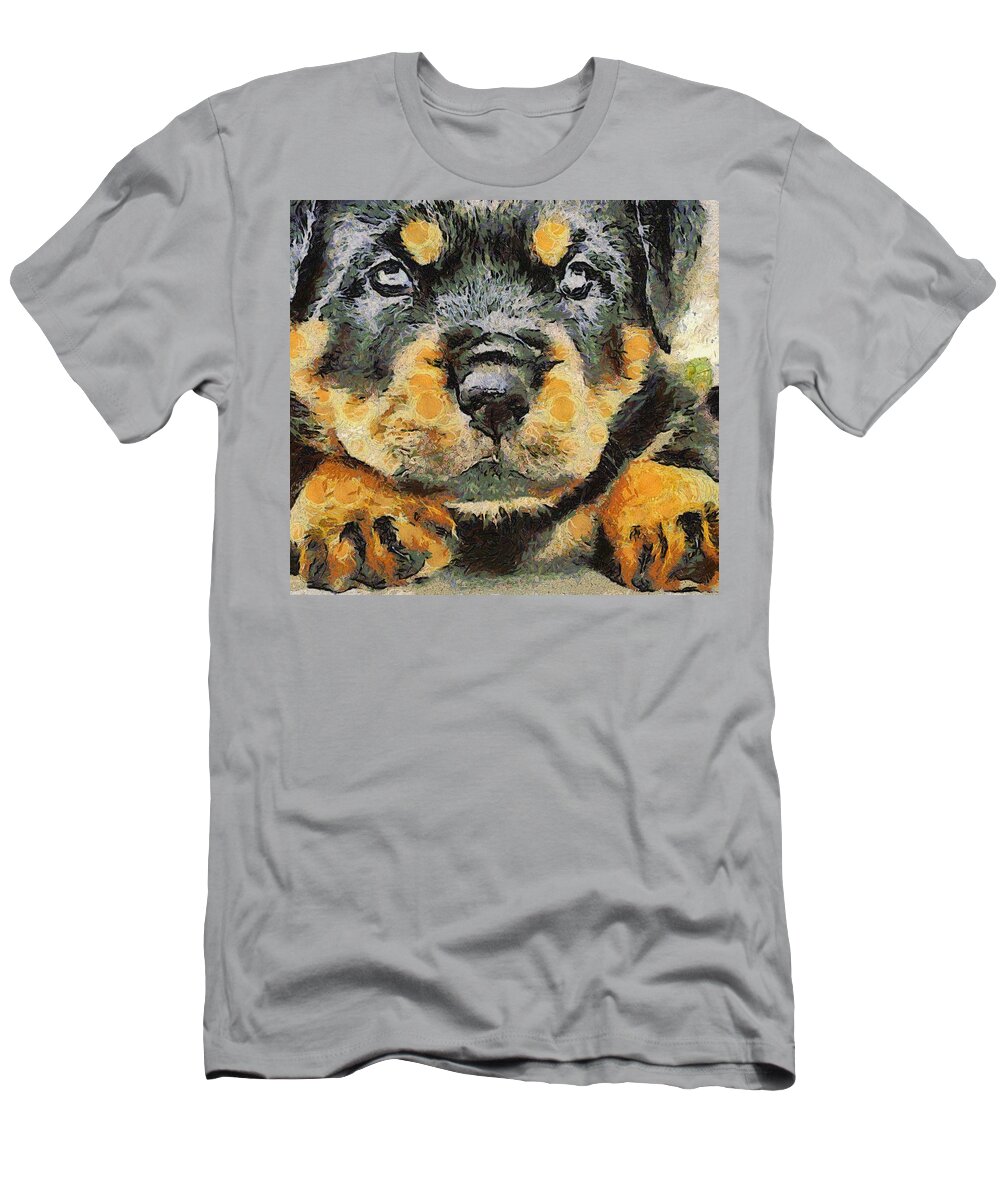 Rottweiler T-Shirt featuring the painting Rottweiler Puppy Portrait #1 by Taiche Acrylic Art
