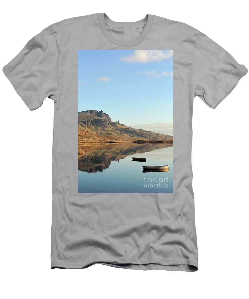 Old Man Of Storr T-Shirt featuring the photograph The Storr reflecting in Loch Fada #2 by Maria Gaellman