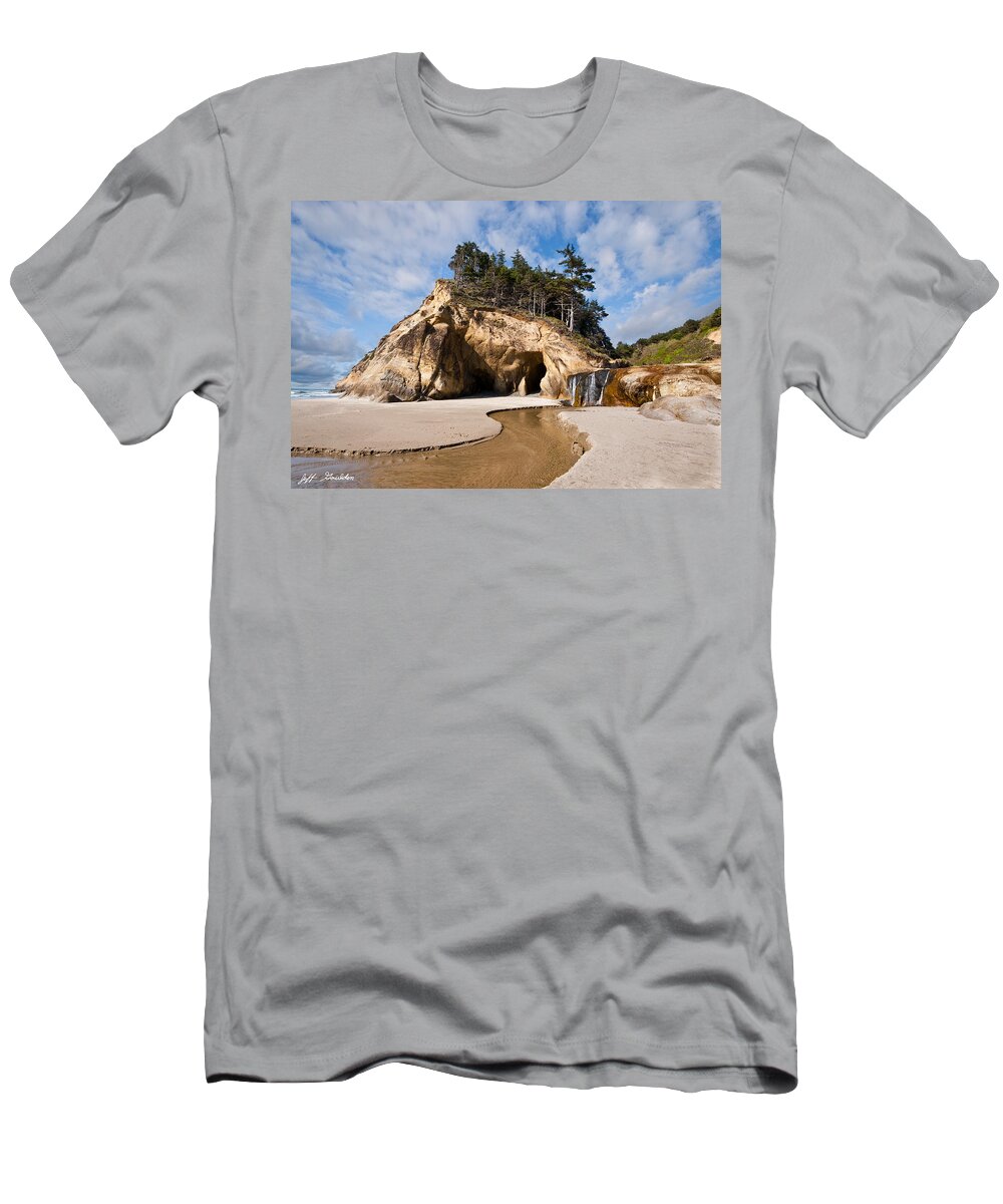 Beach T-Shirt featuring the photograph Waterfall Flowing into the Pacific Ocean by Jeff Goulden