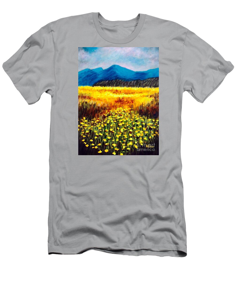 #desert #landscapes #flowers #wildflowers #mountains T-Shirt featuring the painting Wildflowers #1 by Allison Constantino
