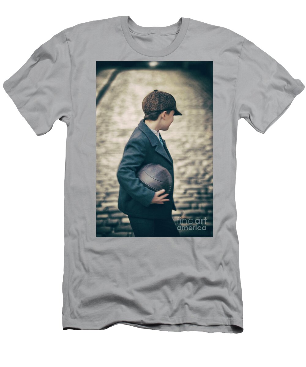 Football T-Shirt featuring the photograph 1940s Boy Holding A Vintage Leather Football by Lee Avison